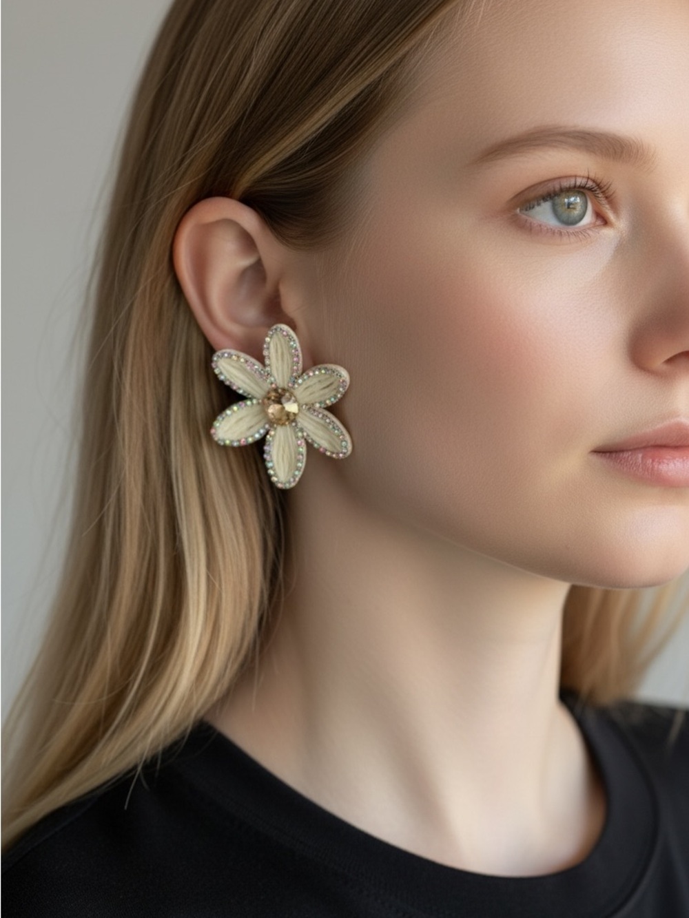 9/16 Elegant Floral Statement Earrings in Cream and Gold